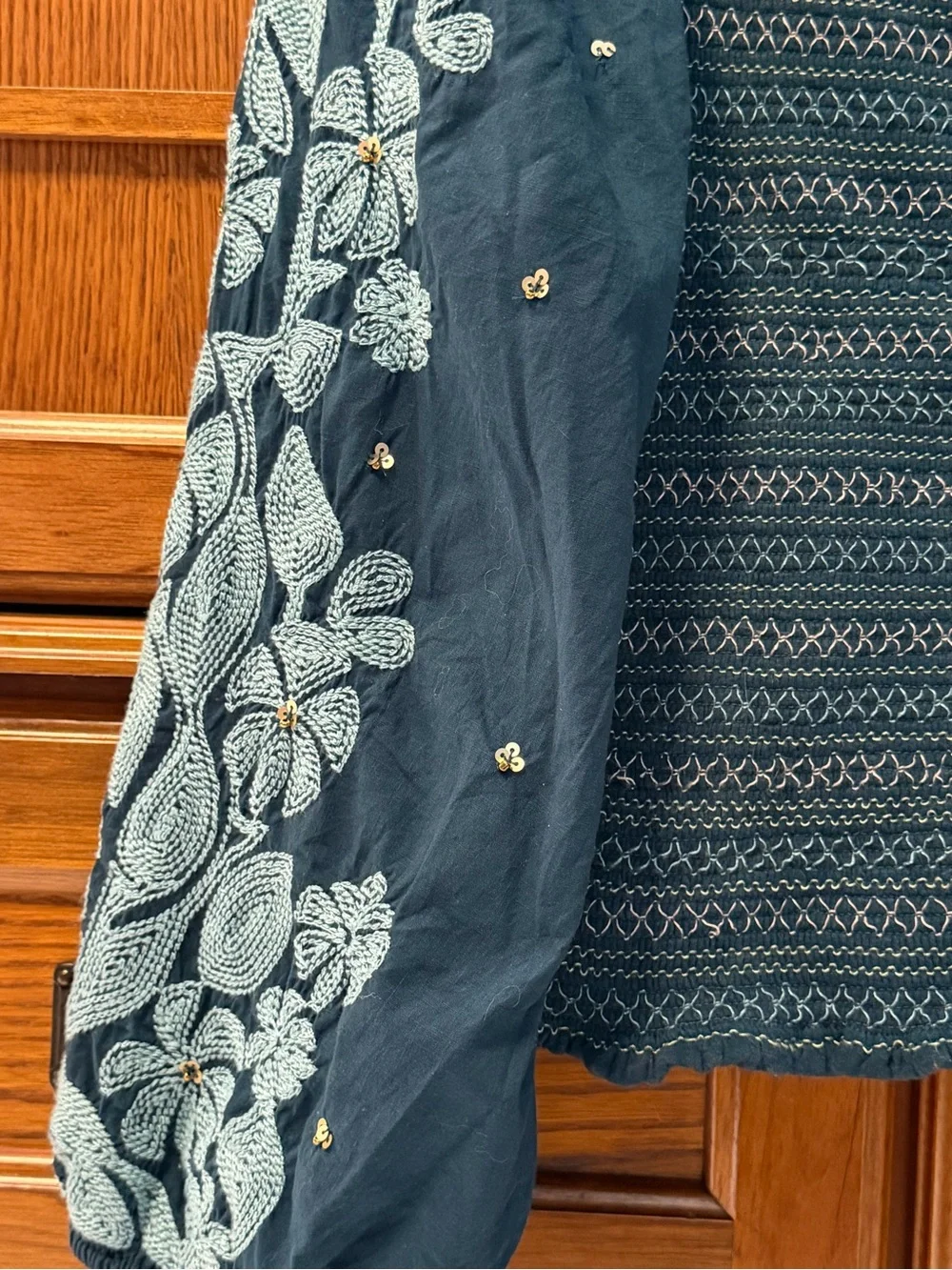 Anthropologie Smocked Embroidered Square Neck Puff Sleeve Sequin Boho Peasant